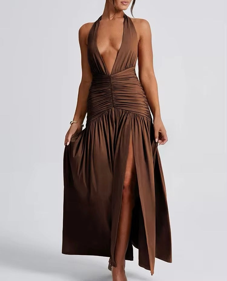Vestido escotado cafe