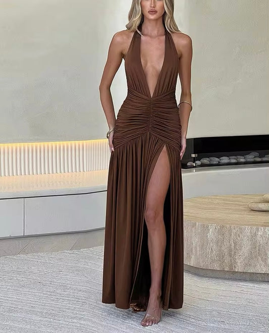 Vestido escotado cafe